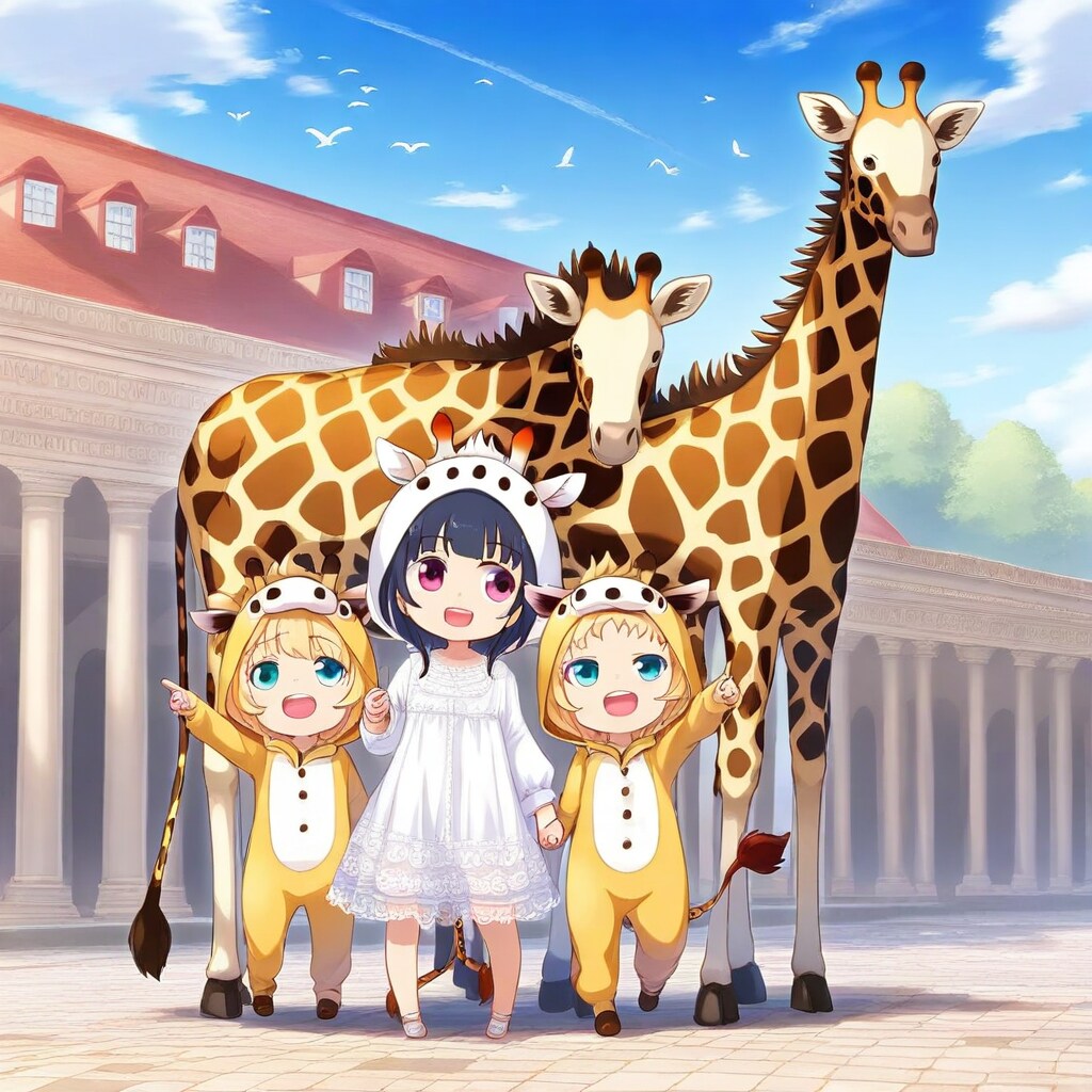 神殿とキリンさんとキリン着ぐるみちび子ちゃん