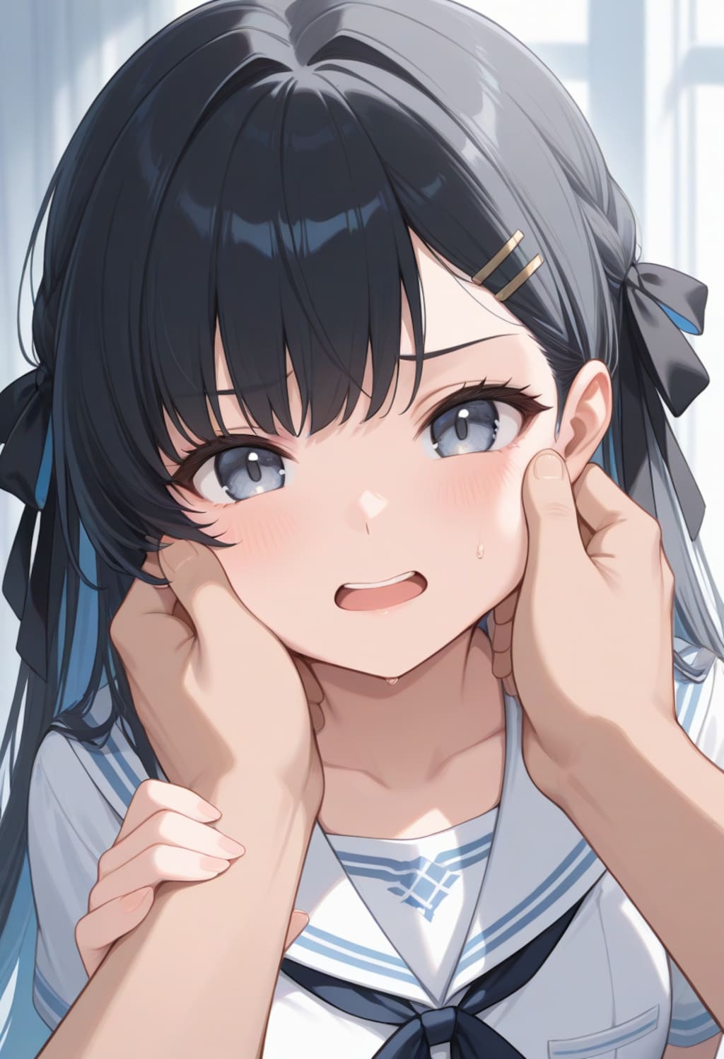 妹のほっぺたを引っ張っる