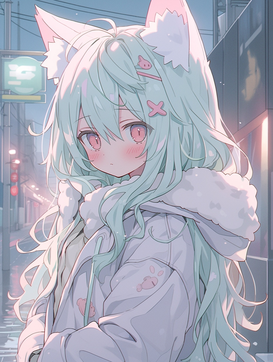 雨の街角で頰を赤らめる狐耳少女 | の人気AIイラスト・グラビア