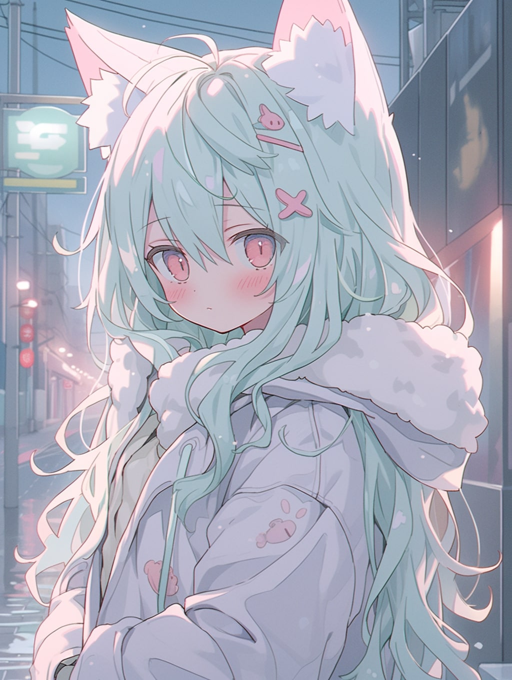 雨の街角で頰を赤らめる狐耳少女