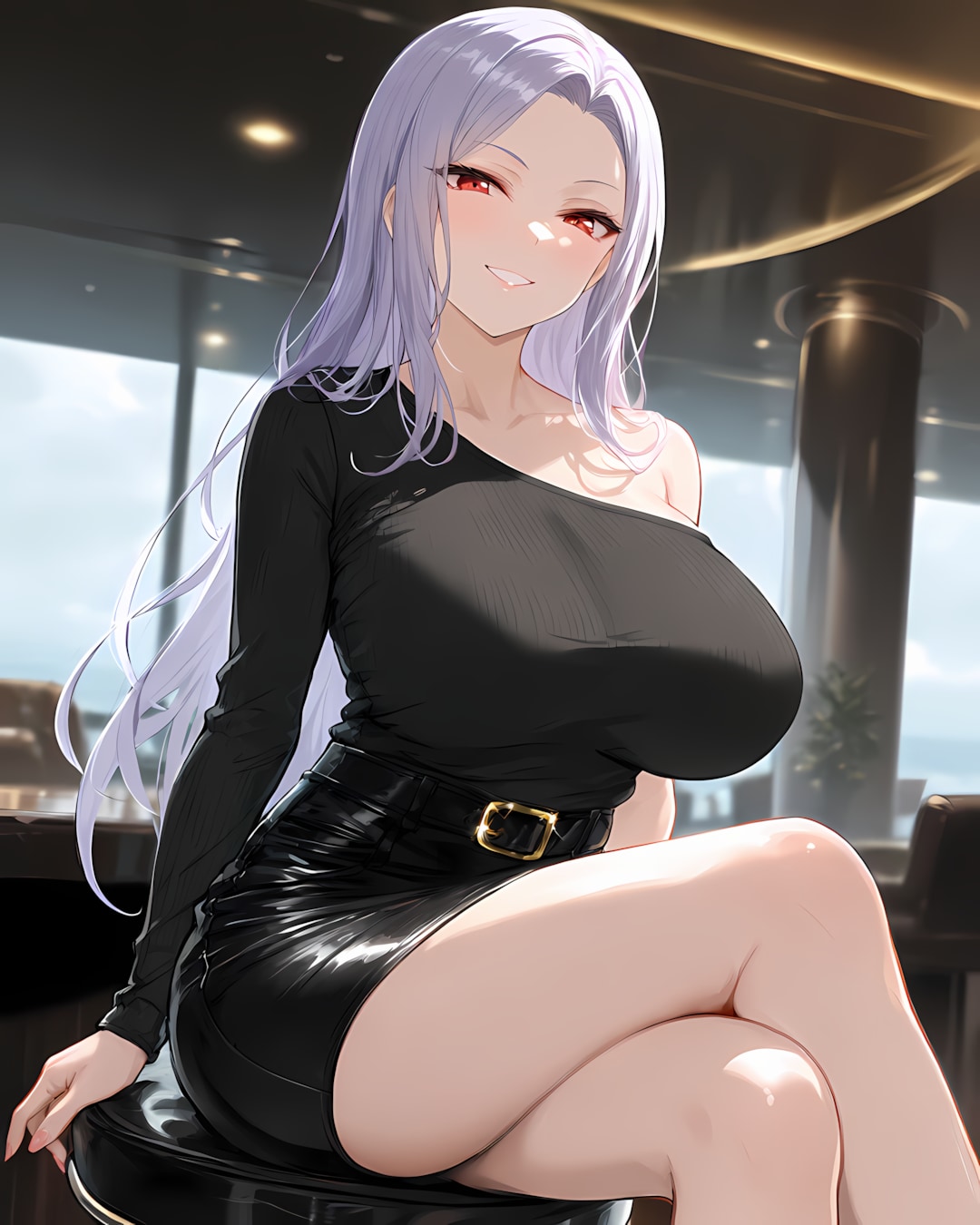 🖤大人の雨デート🖤ラウンジで魅せるクールな黒レザー美脚