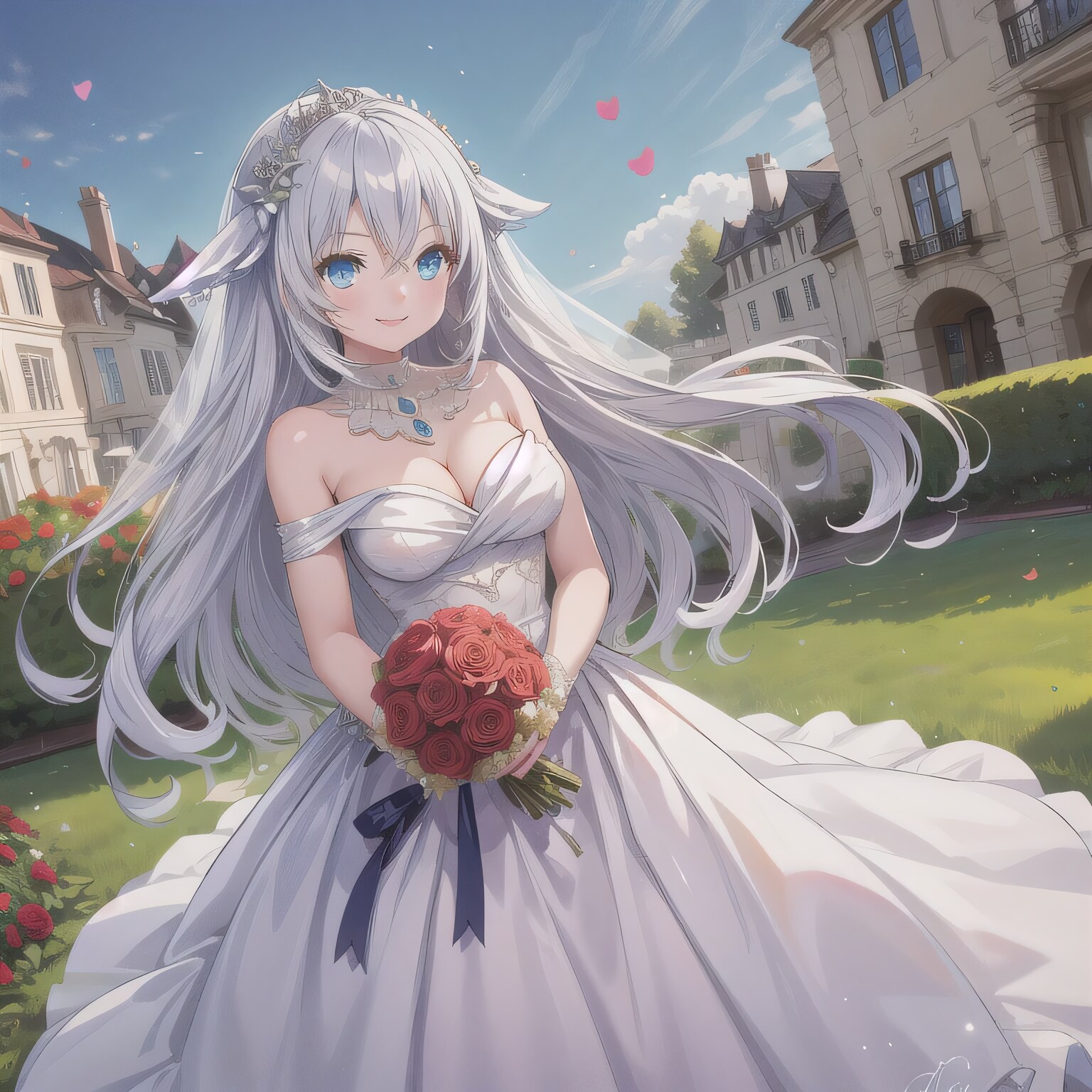 銀髪ロングでウェディングドレスの少女１５ | の人気AIイラスト・グラビア