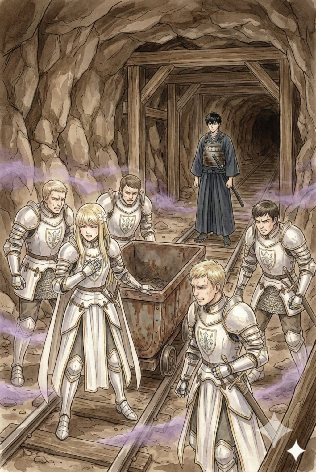 瘴気の炭鉱調査。瘴気を抑える護符。奥に進むにつれ濃くなる瘴気。待機命令を無視する異国の男。