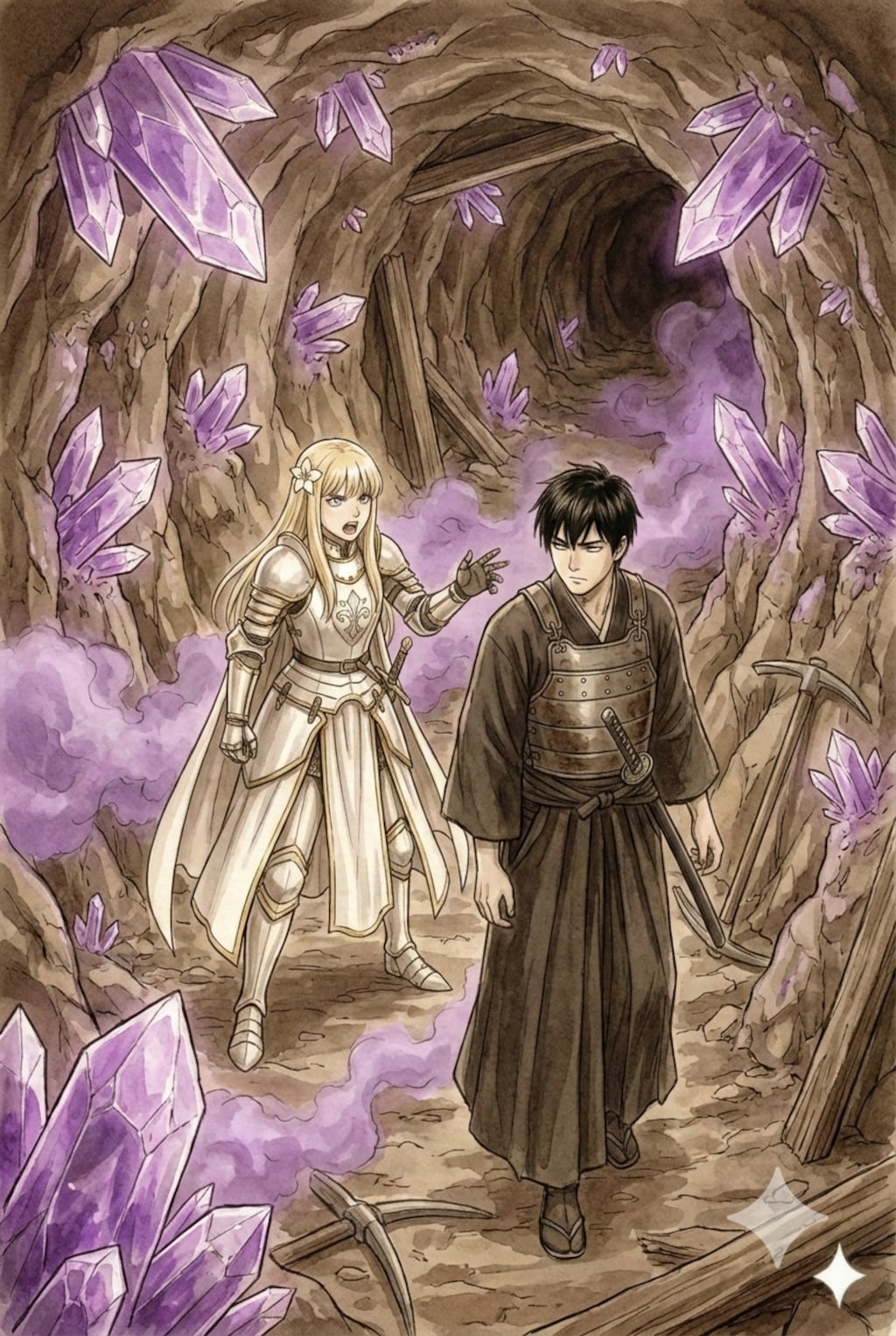 瘴気の炭鉱調査。瘴気を抑える護符。奥に進むにつれ濃くなる瘴気。待機命令を無視する異国の男。