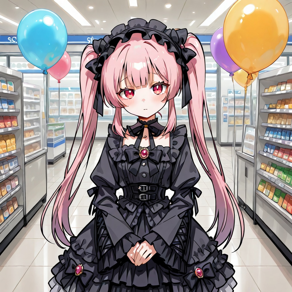 コンビニでいっぱい色とりどりの風船を持つピンク髪ツインテールのゴスロリ衣装着た美少女 | の人気AIイラスト・グラビア