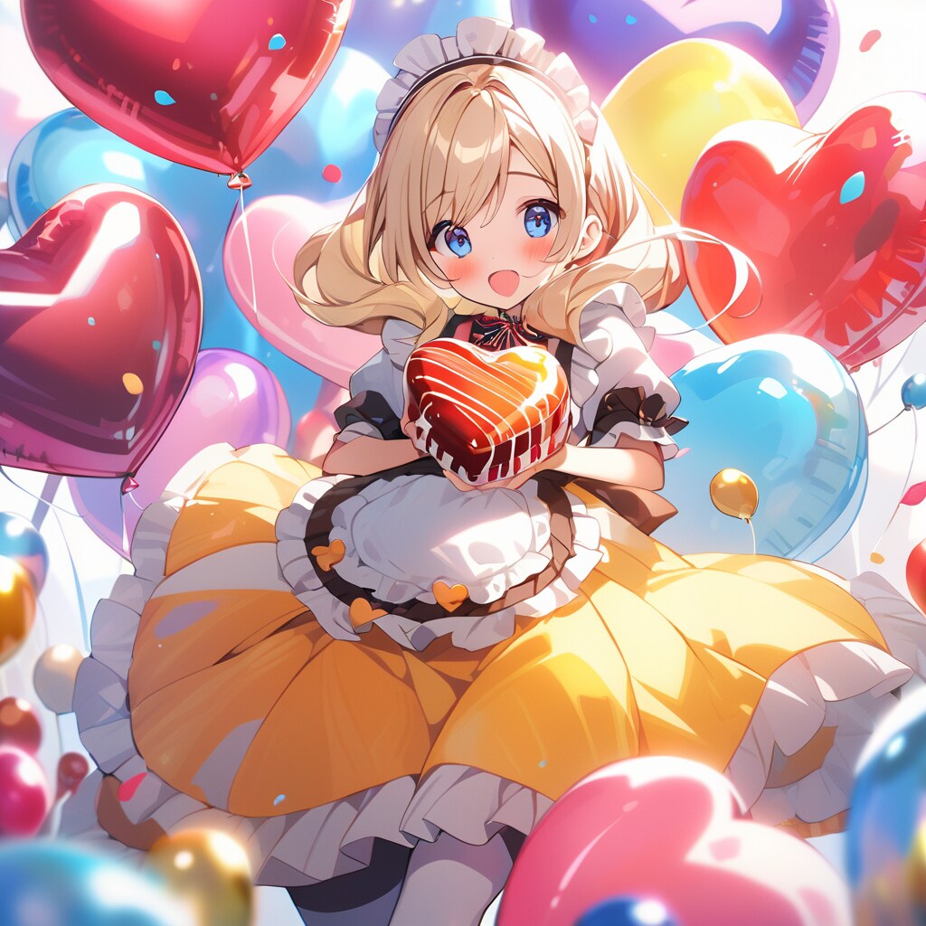 ハート風船をいっぱい膨らませて遊ぶブロンドのメイド服の美女