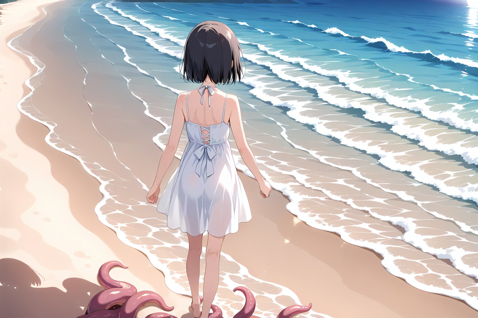 触手と浜辺を散歩