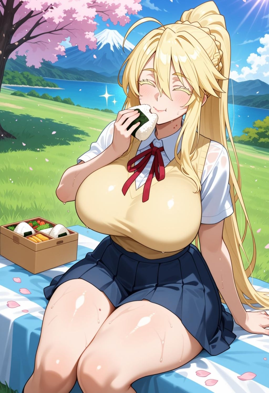 ピクニックでおにぎり食べる制服コスプレ人妻