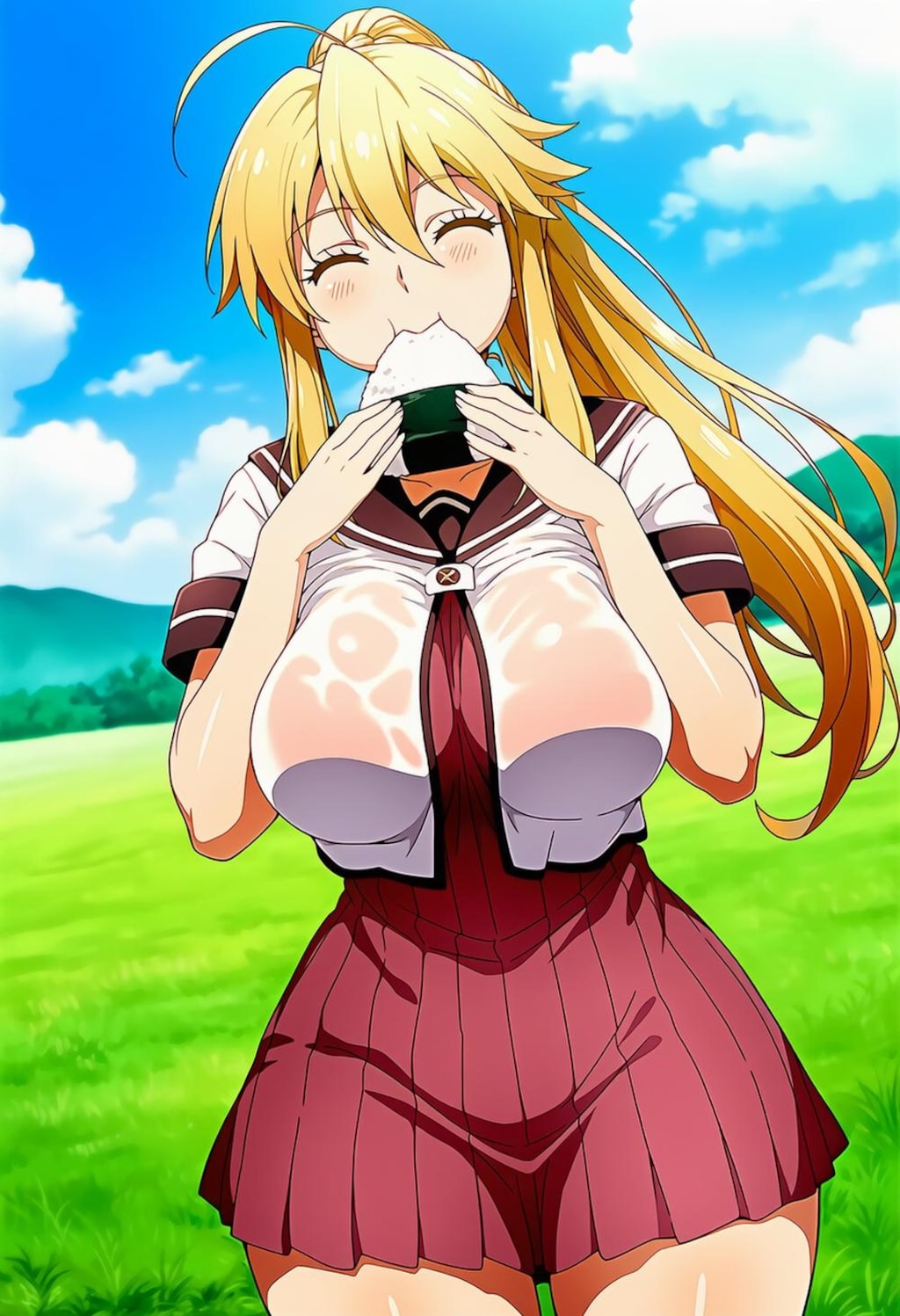 ピクニックでおにぎり食べる制服コスプレ人妻