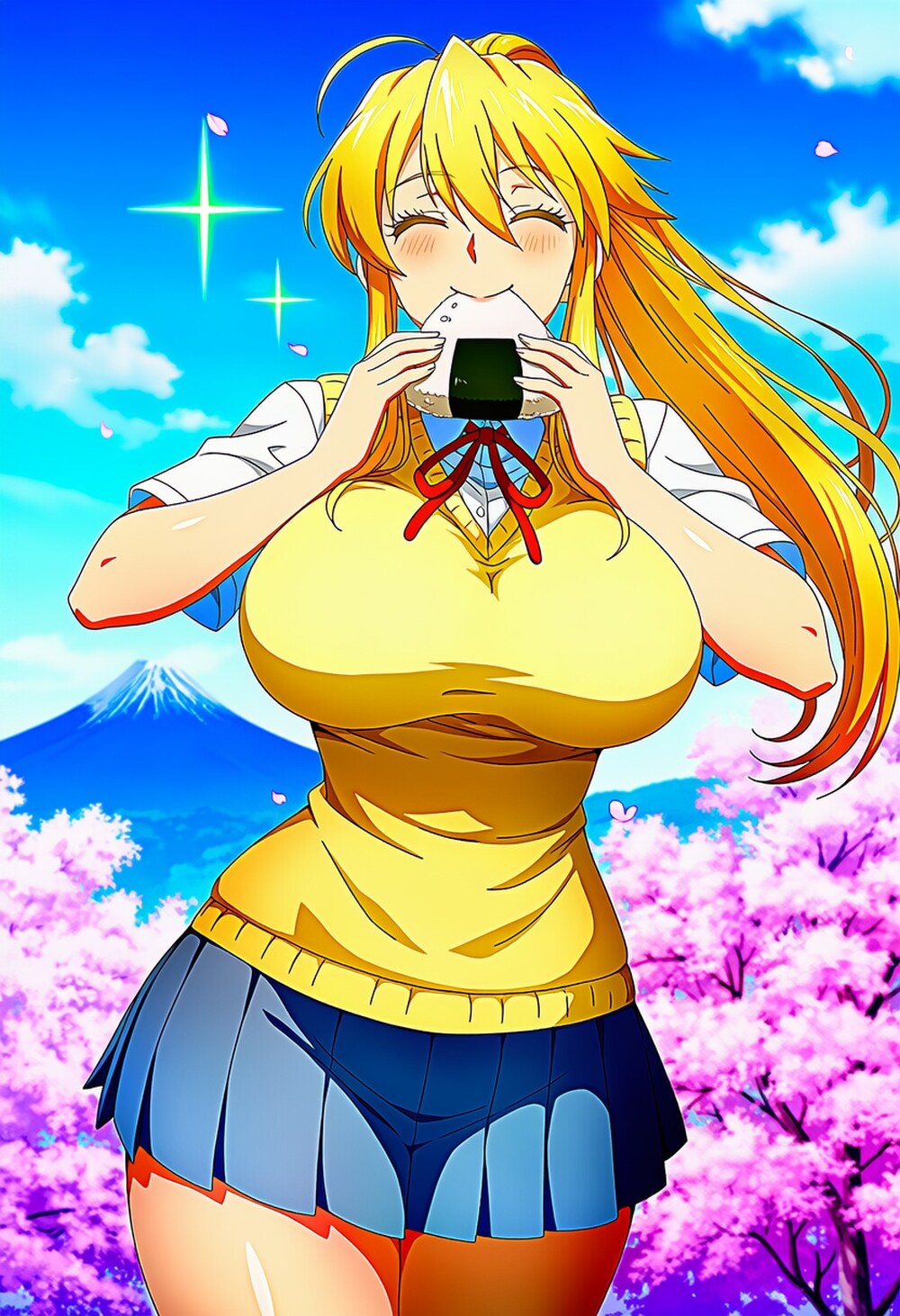 ピクニックでおにぎり食べる制服コスプレ人妻