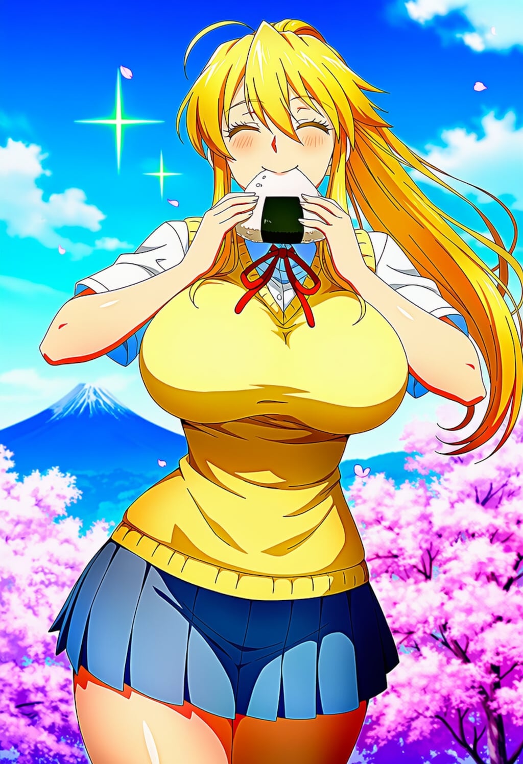 ピクニックでおにぎり食べる制服コスプレ人妻