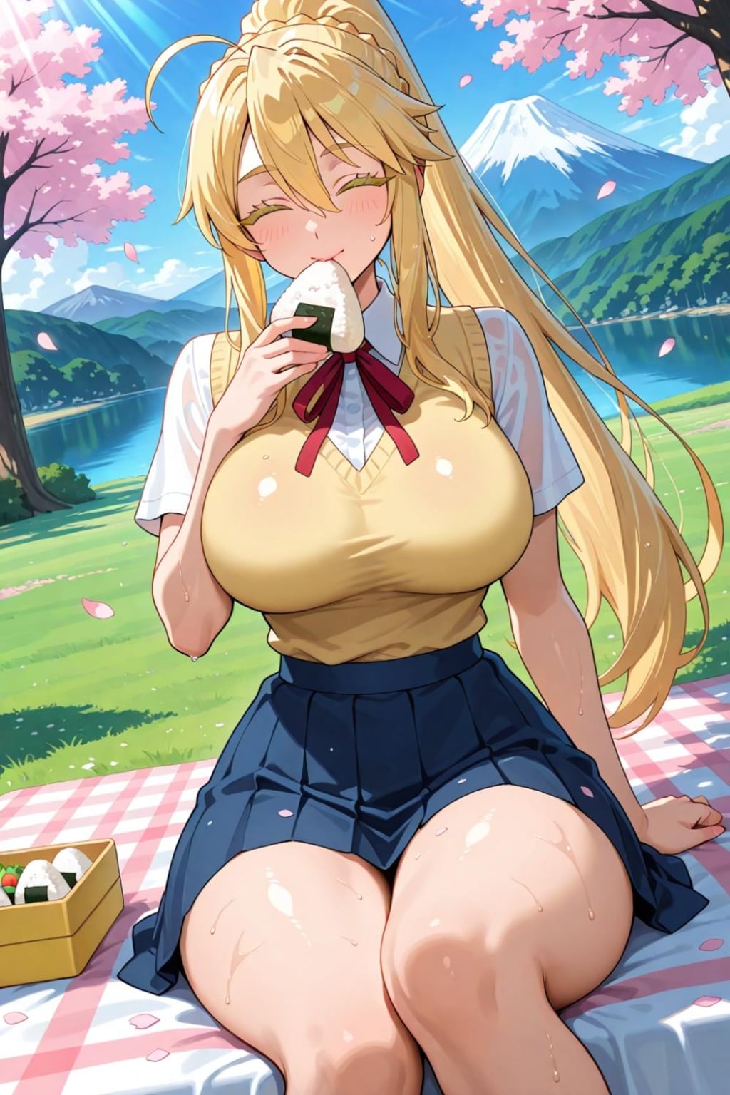 ピクニックでおにぎり食べる制服コスプレ人妻