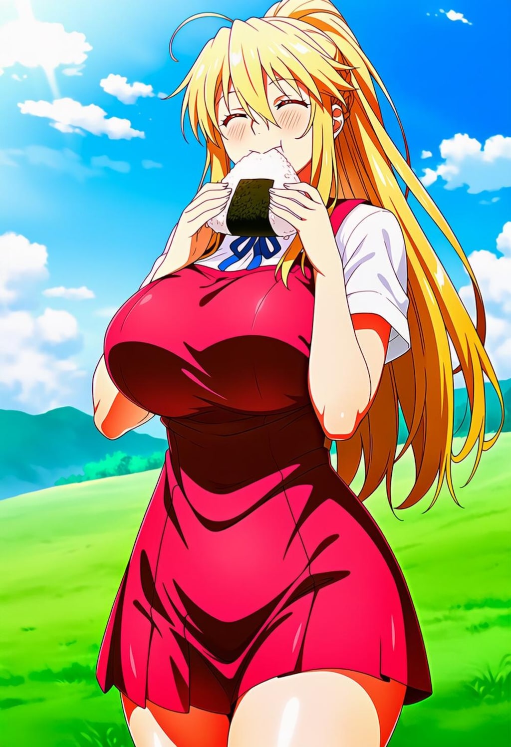 ピクニックでおにぎり食べる制服コスプレ人妻