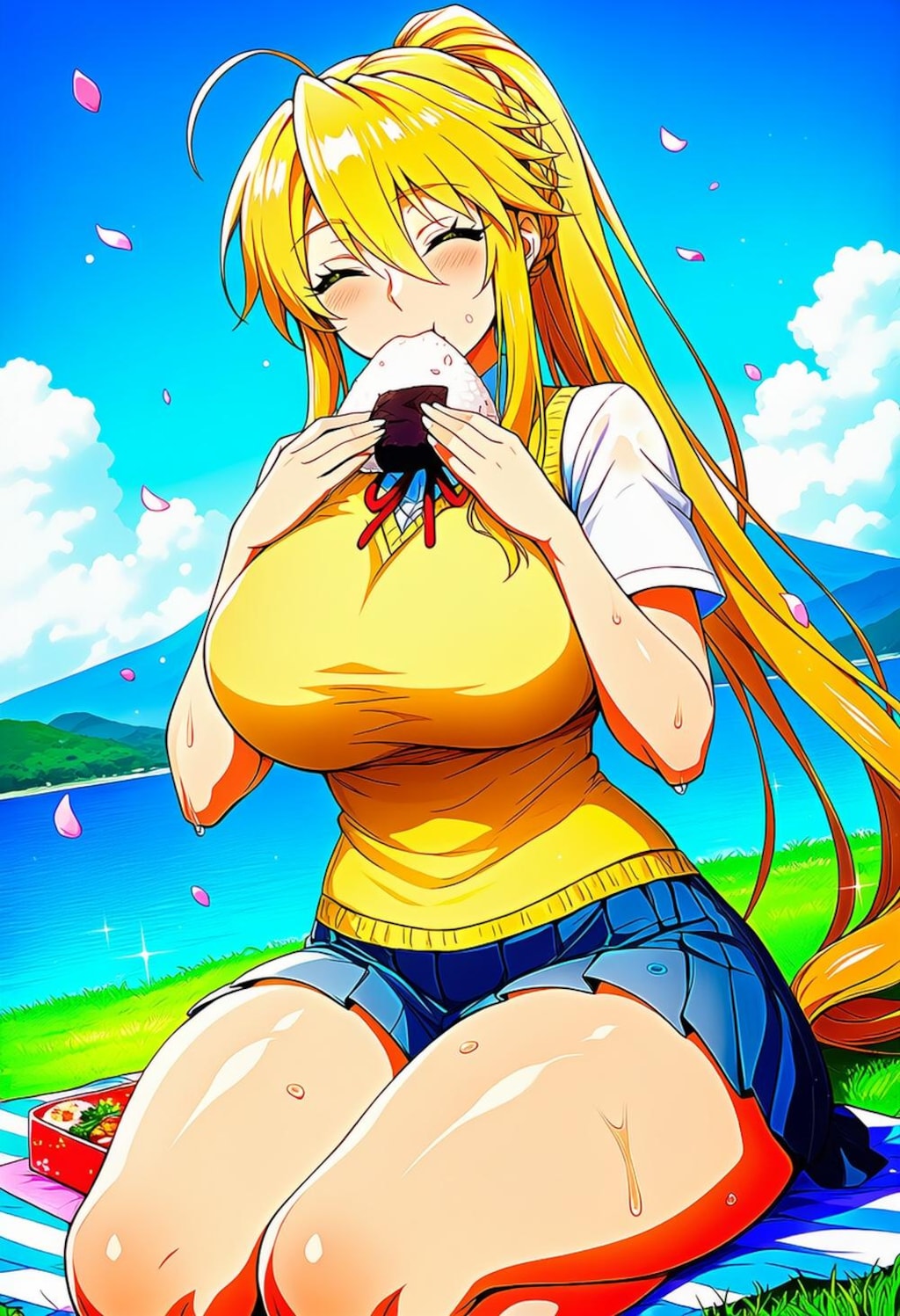 ピクニックでおにぎり食べる制服コスプレ人妻