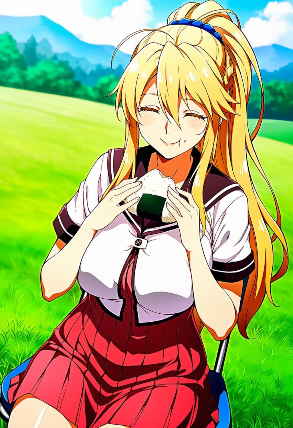 ピクニックでおにぎり食べる制服コスプレ人妻