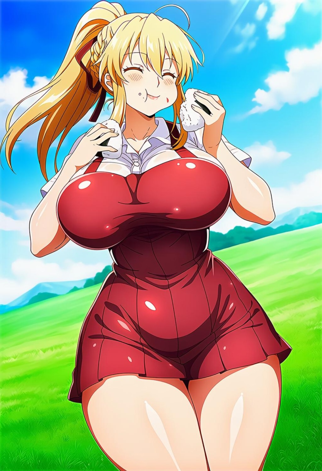 ピクニックでおにぎり食べる制服コスプレ人妻