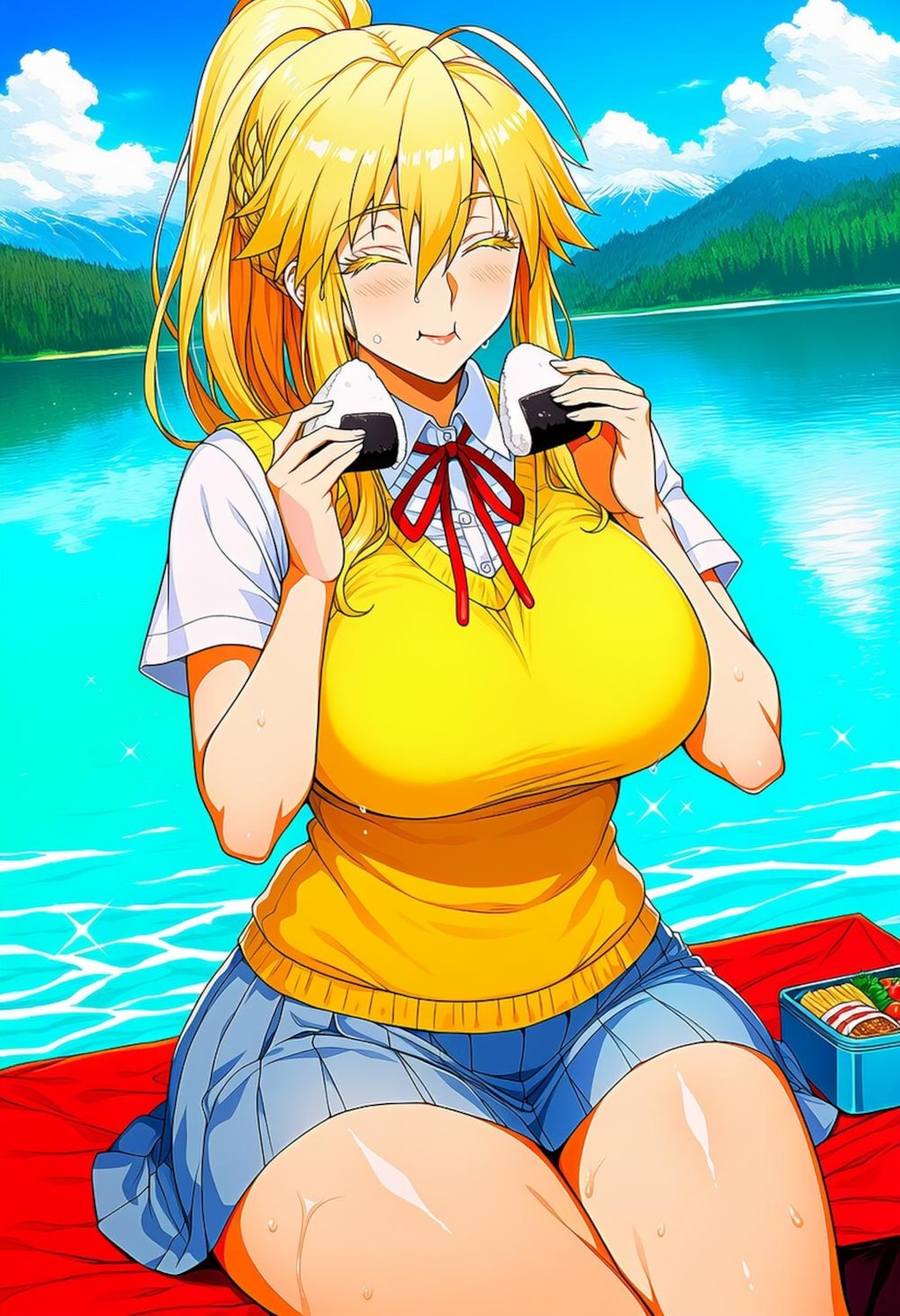 ピクニックでおにぎり食べる制服コスプレ人妻
