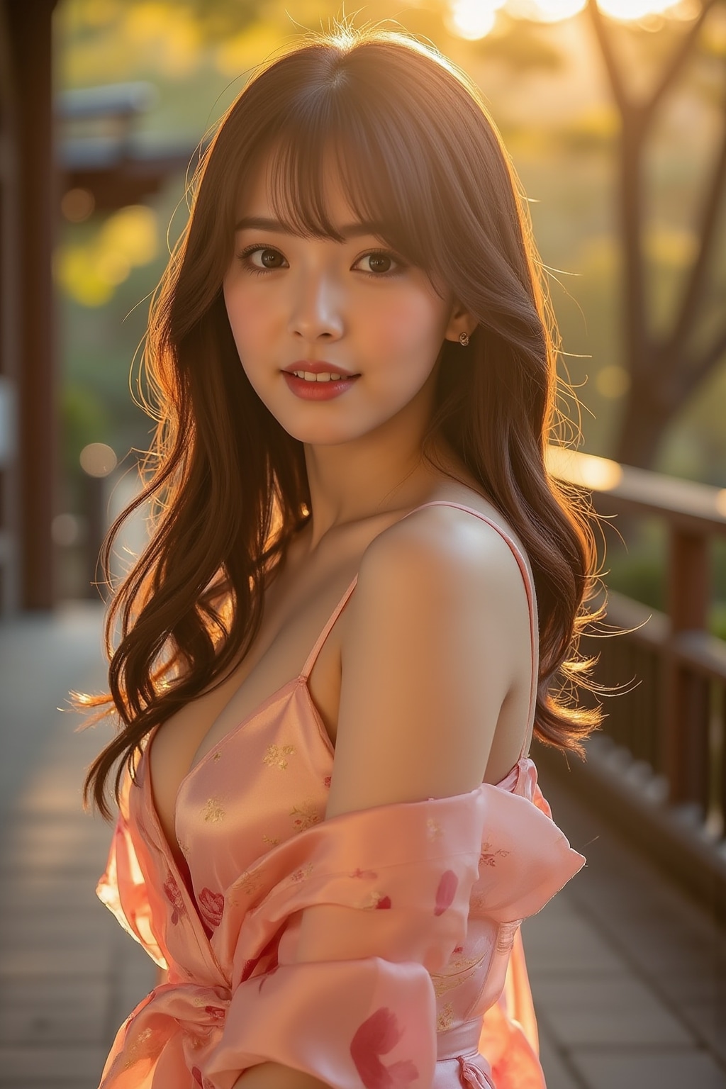 京都の夕陽と和服美人