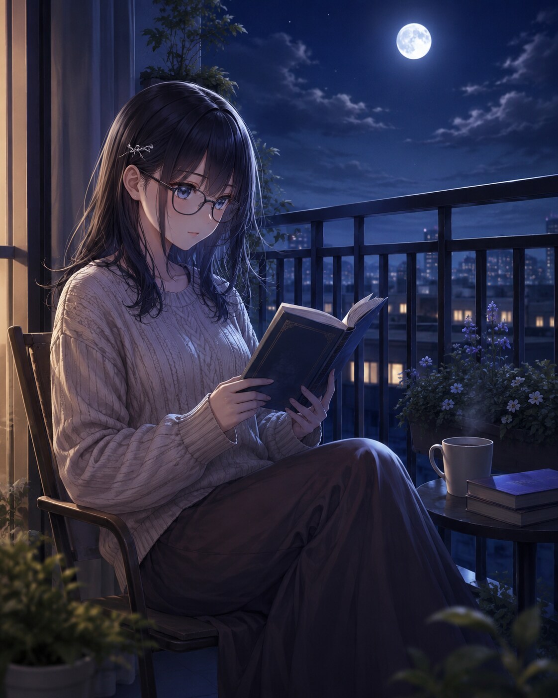 月明かりのベランダで読書 | の人気AIイラスト・グラビア