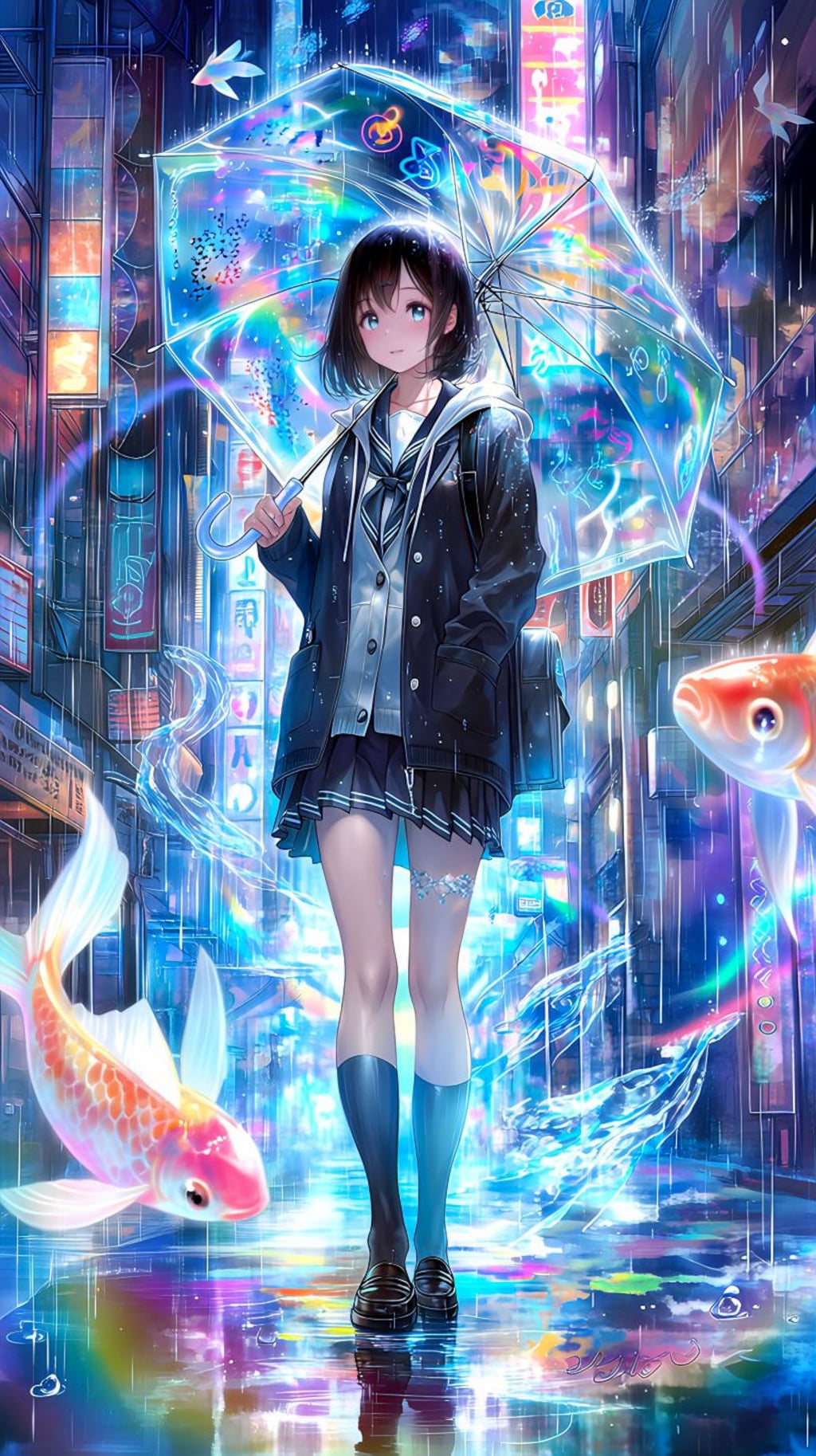 ネオン街の少女と鯉