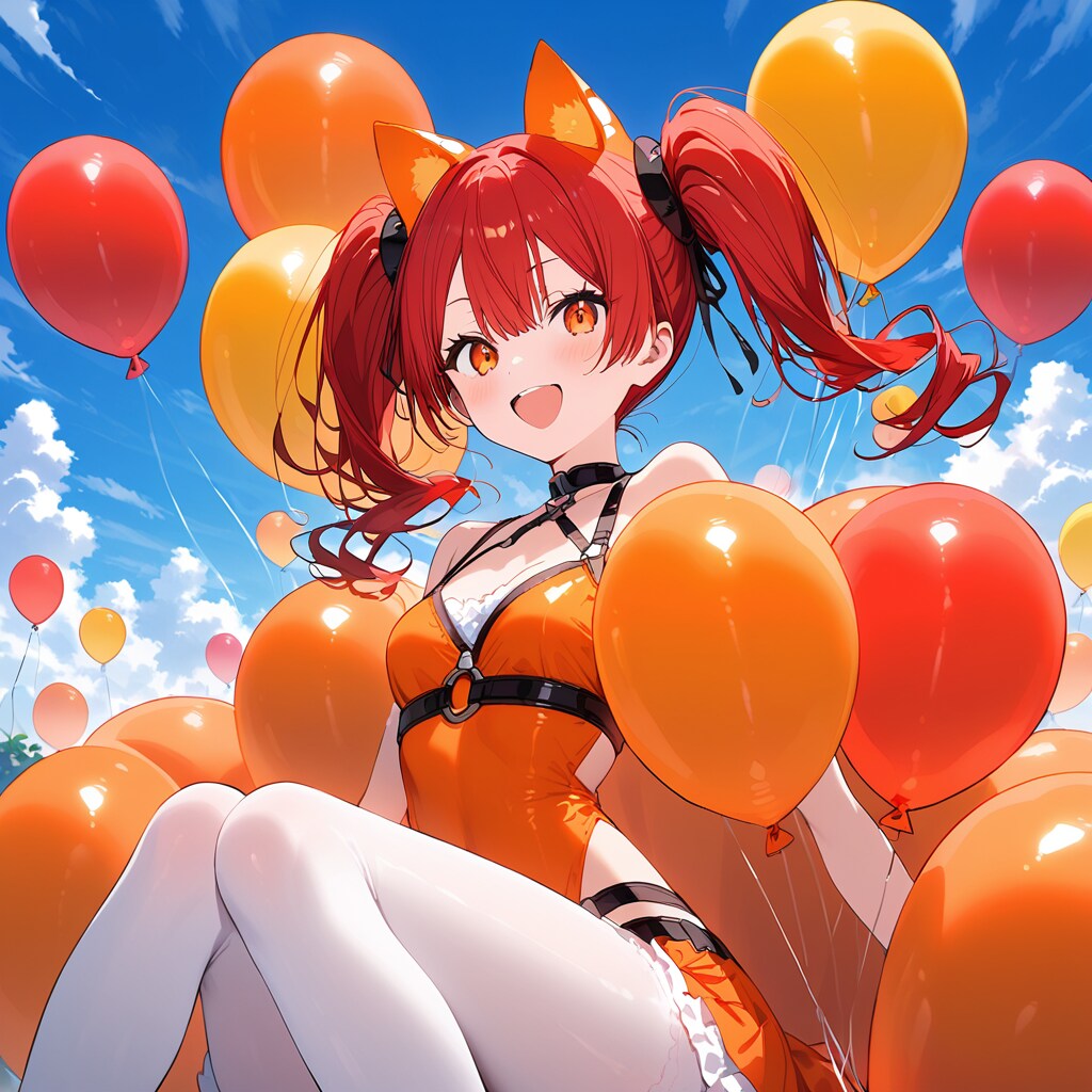 いっぱい風船を膨らませて遊ぶ赤い髪ツインテールのケモミミ娘 | の人気AIイラスト・グラビア