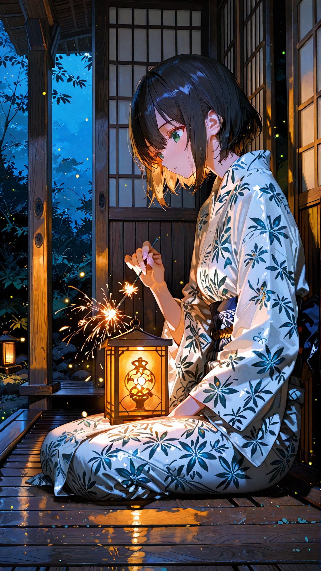 浴衣で線香花火