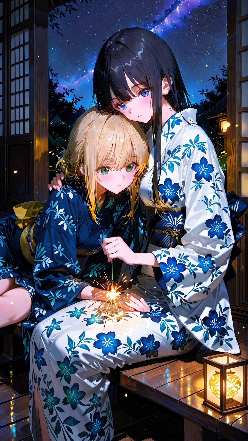 浴衣で線香花火