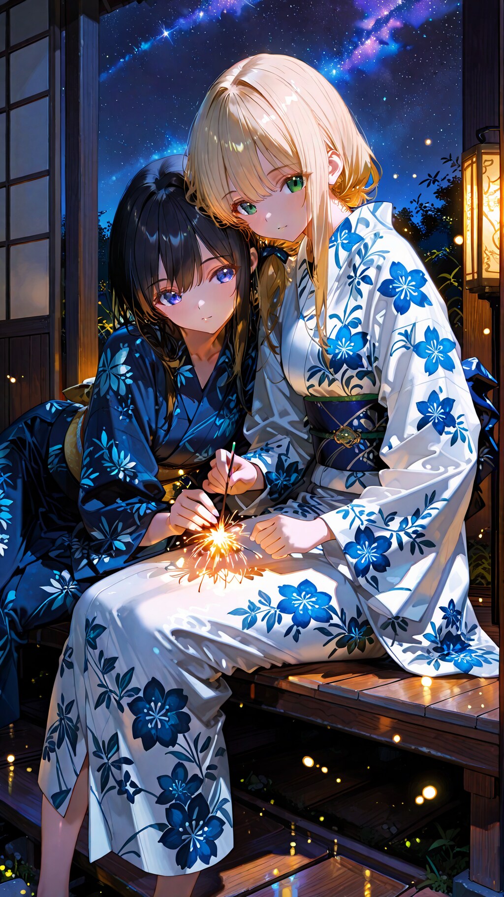 浴衣で線香花火