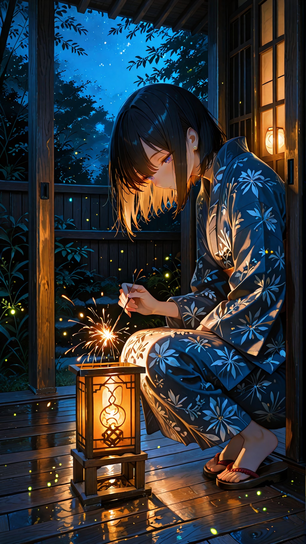 浴衣で線香花火