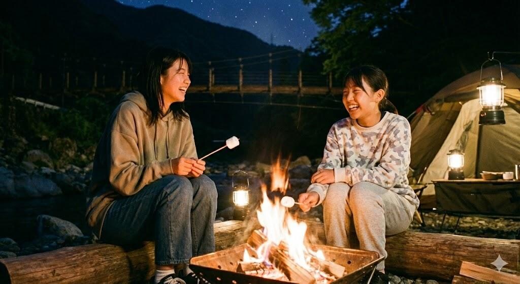 キャンプをする姉妹