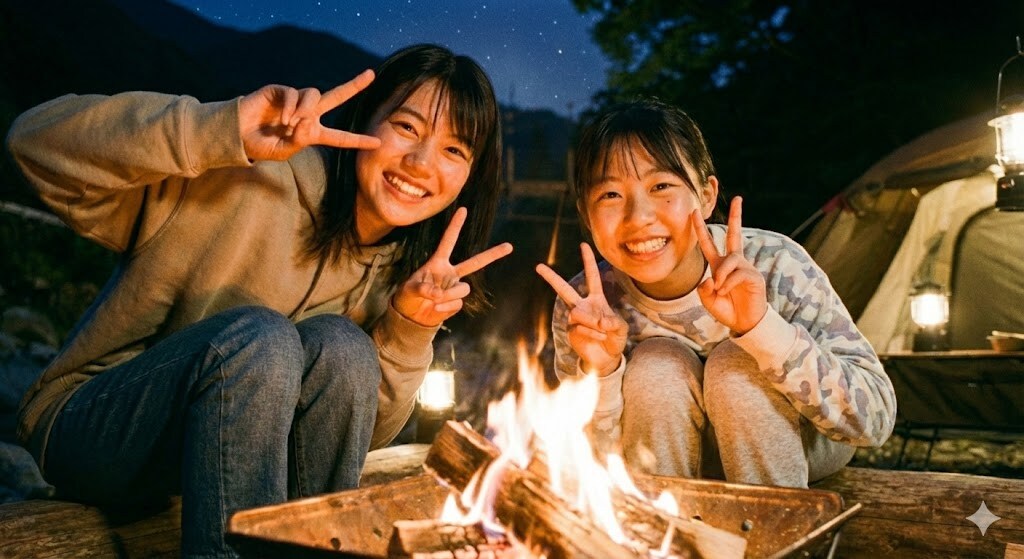 キャンプをする姉妹