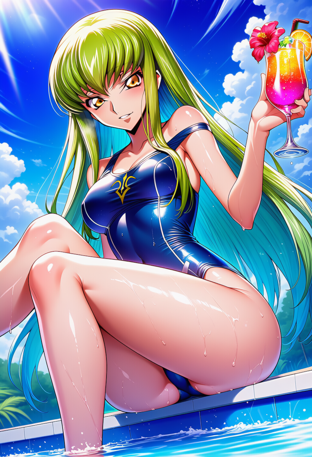 微笑むプールサイド
