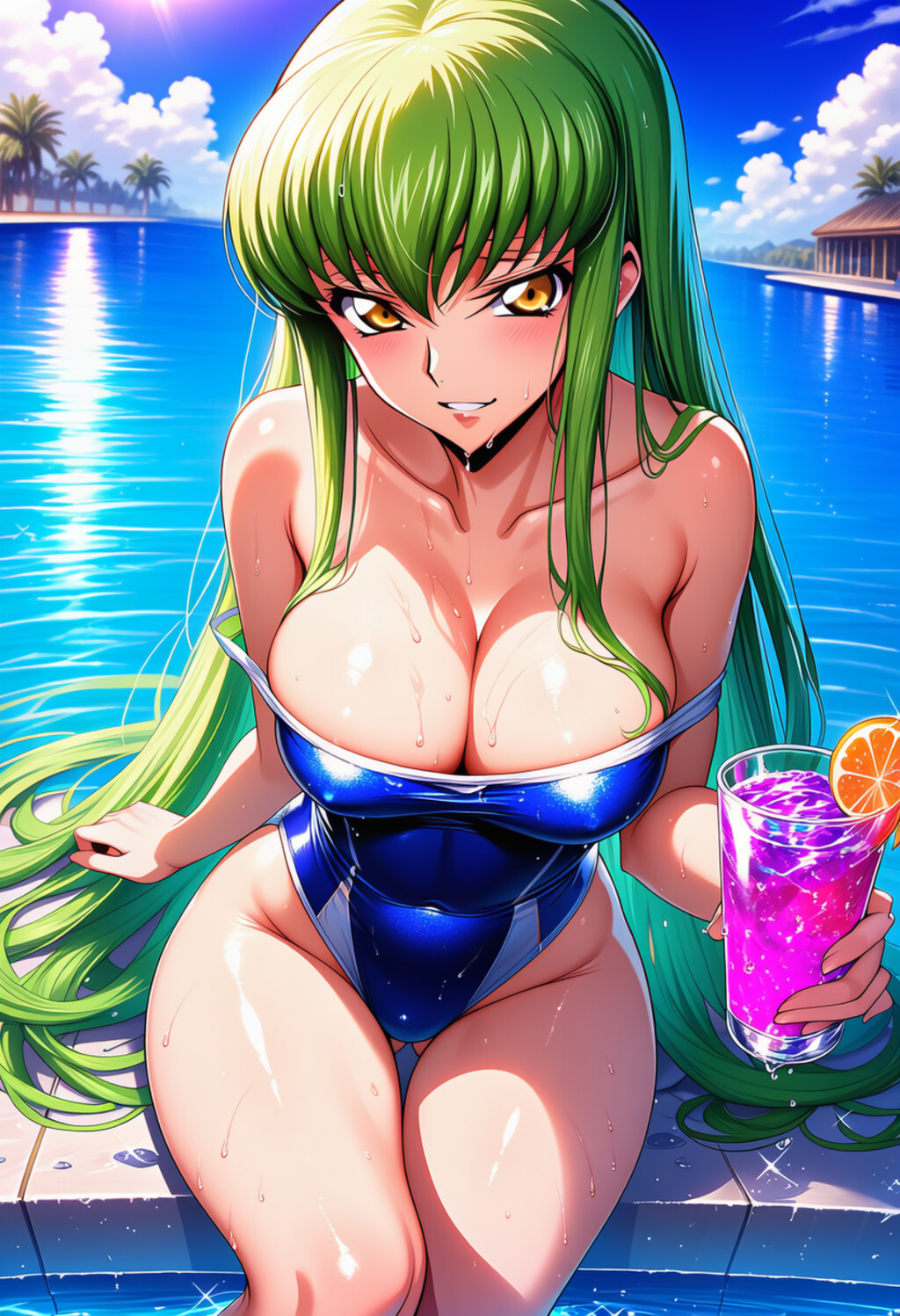 微笑むプールサイド