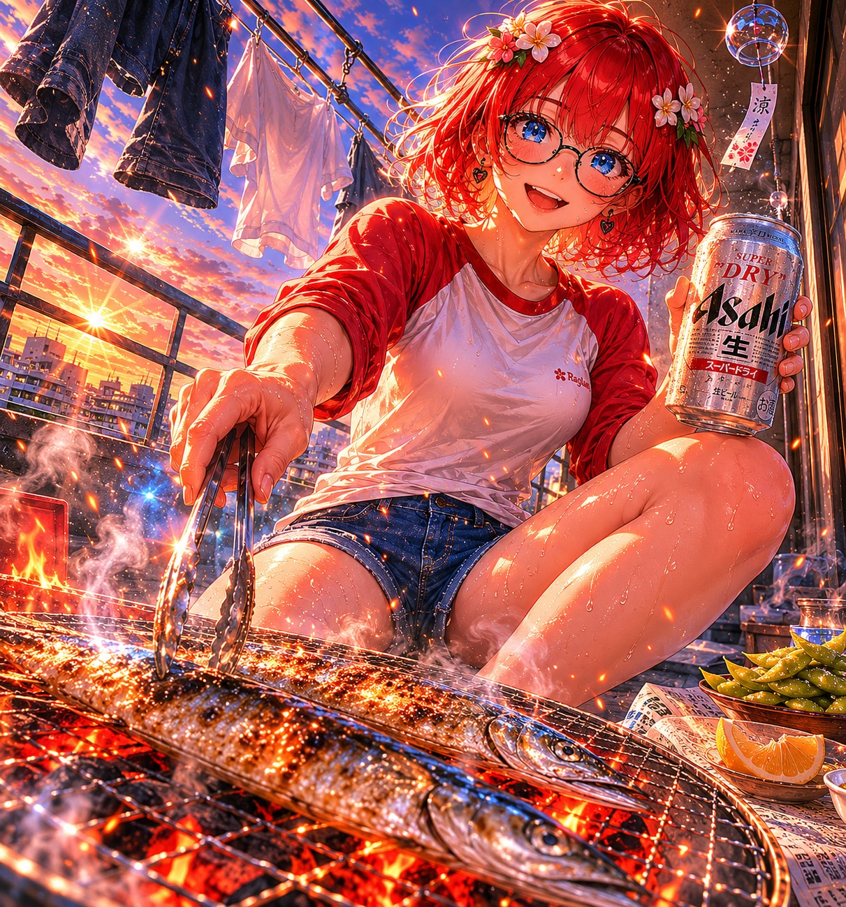 夕焼けベランダ七輪飯 ～ラグランTシャツの休日～
