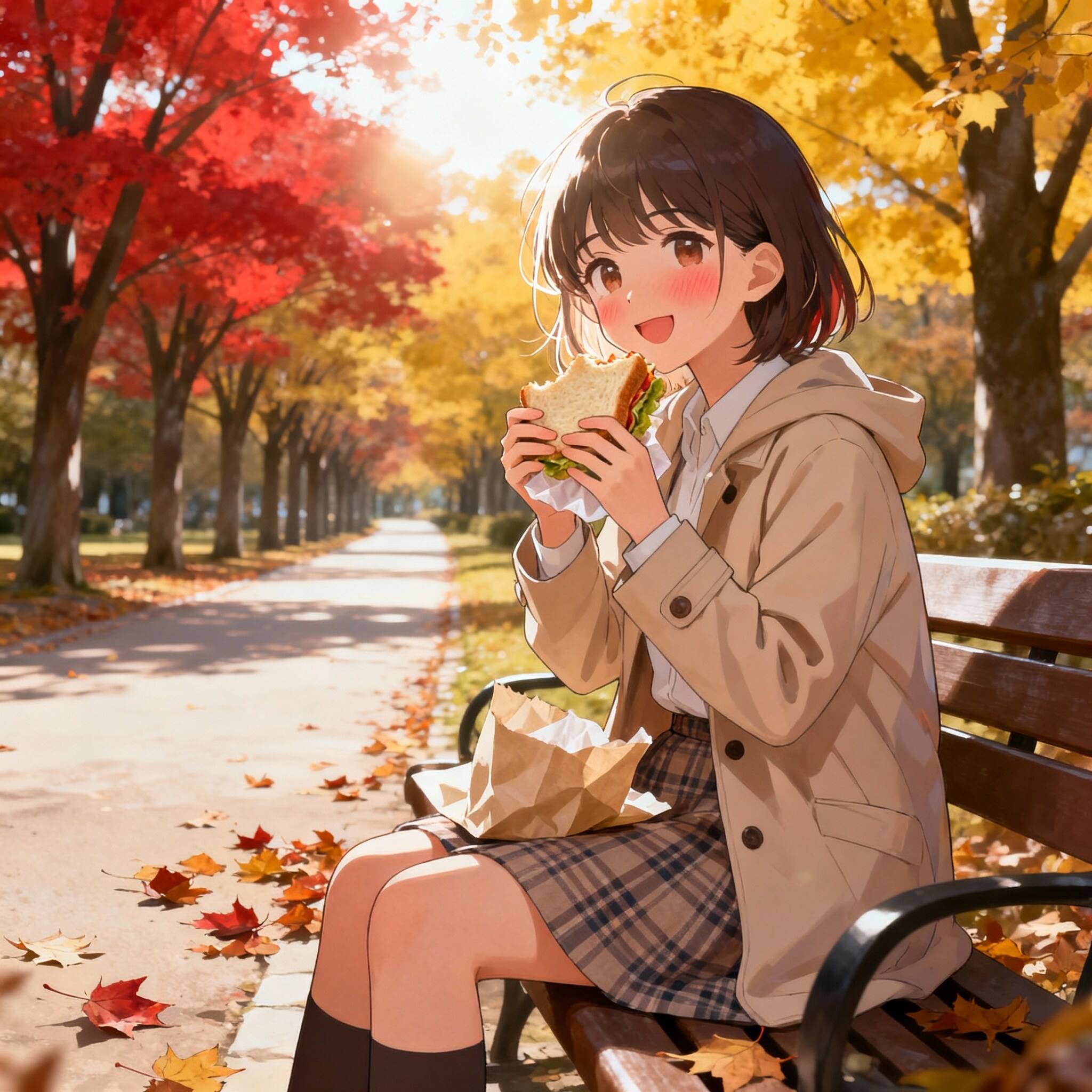 秋のベンチとサンドイッチ | の人気AIイラスト・グラビア