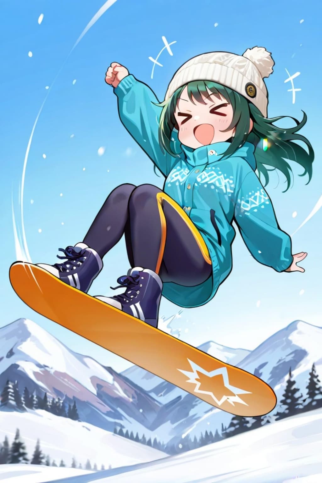 雪山でスノボーする緑髪ちゃん