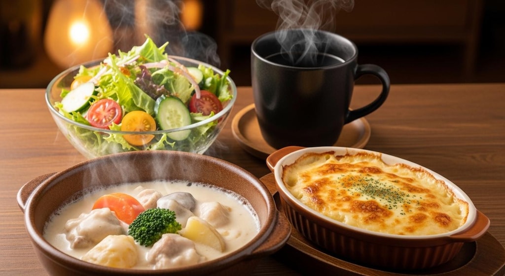 摩訶不思議食堂の牛乳たっぷりクリームシチューとグラタンのセット