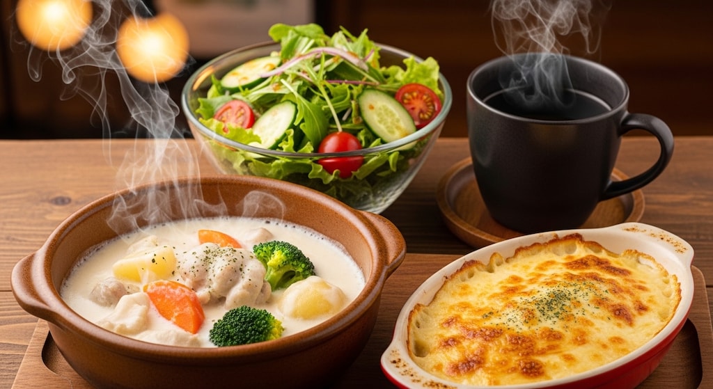 摩訶不思議食堂の牛乳たっぷりクリームシチューとグラタンのセット