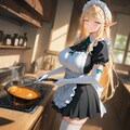 油絵風、メイドカフェで料理する細目エルフメイド 4枚目