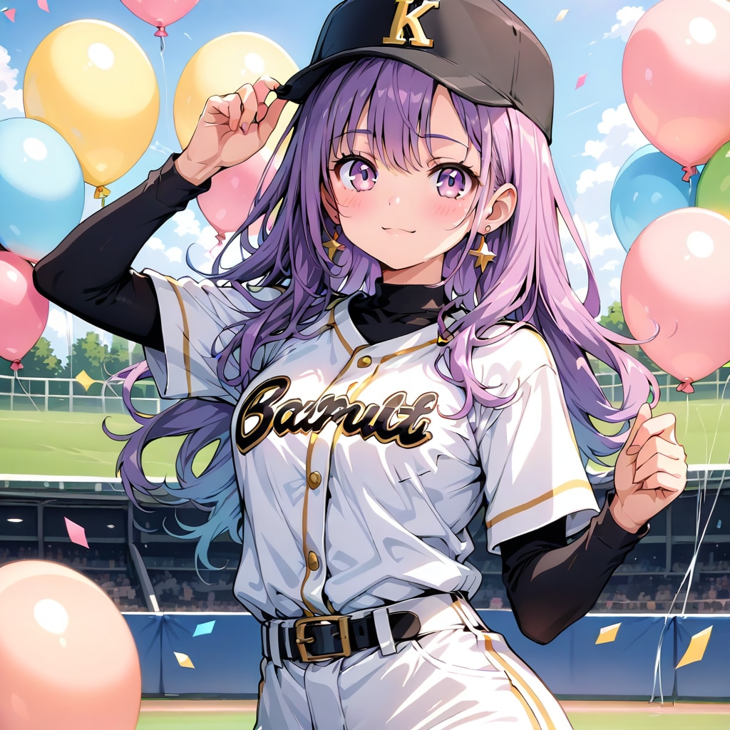いっぱい色とりどりの風船を持つ紫髪ロングウェーブヘアの野球ユニフォーム着た美女