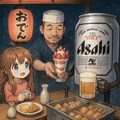 おでんの屋台で楽しむビール缶と小さな女の子 3枚目