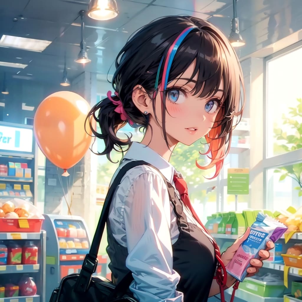 風船を持つブラウンポニーテールのコンビニ店員の美女。 | の人気AIイラスト・グラビア
