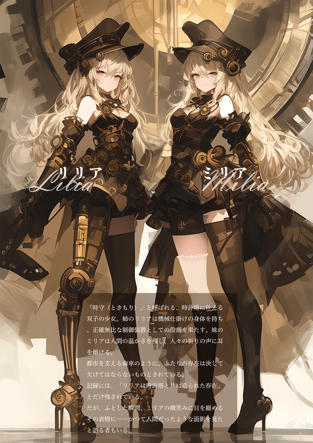 幻想図鑑 vol.2｜リリア＆ミリア：人間と機械の双子（キャラ素材／透過PNG）