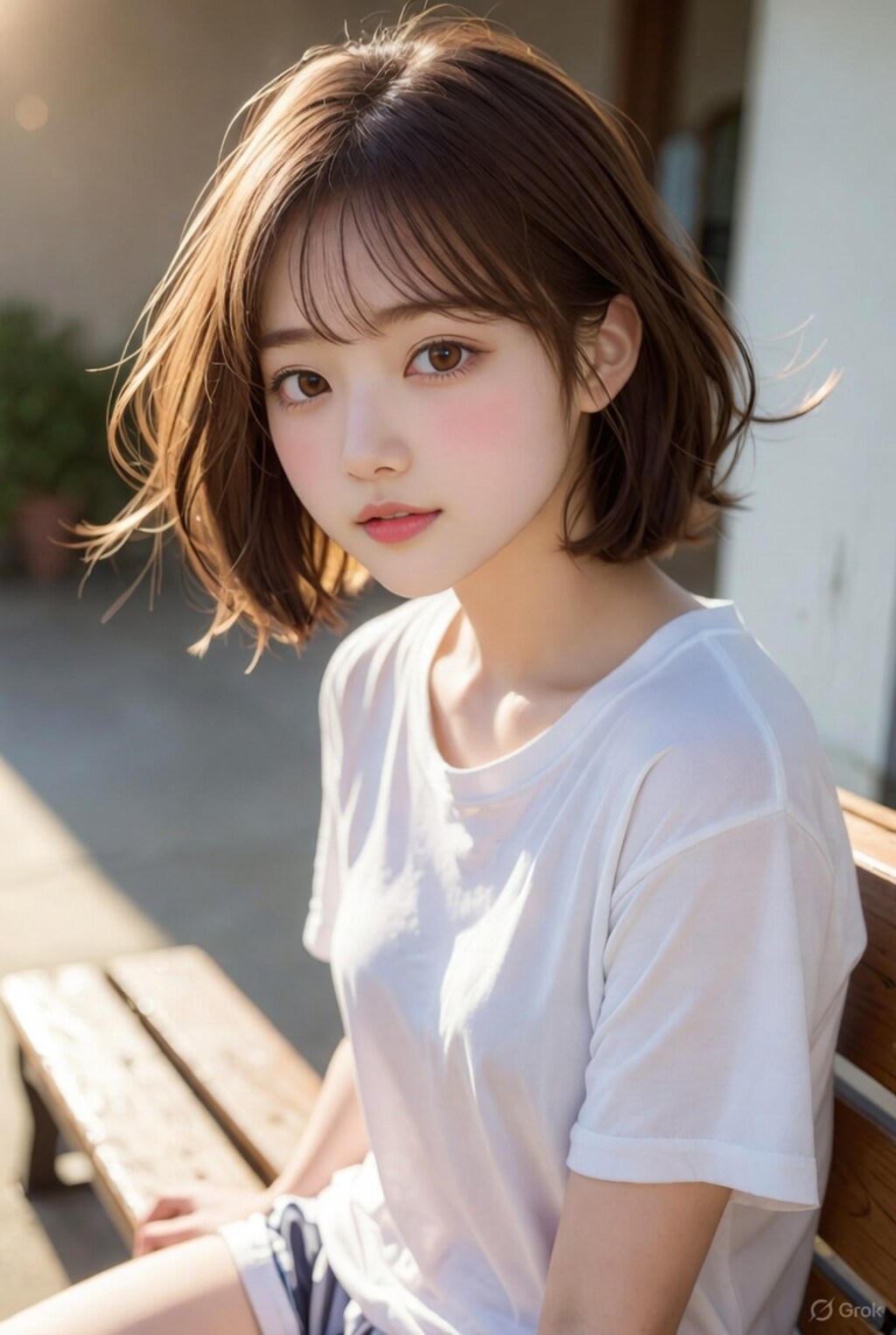 茶髪ボブでＴシャツの美女２