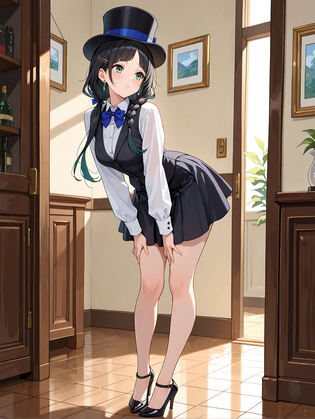 メイドさんがシルクハットをかぶった