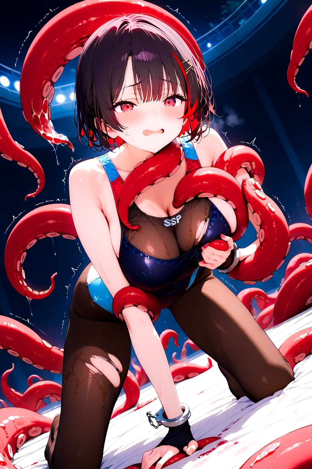 触手に負けそうな黒髪クールギャルの競泳水着ヒロインちゃん！