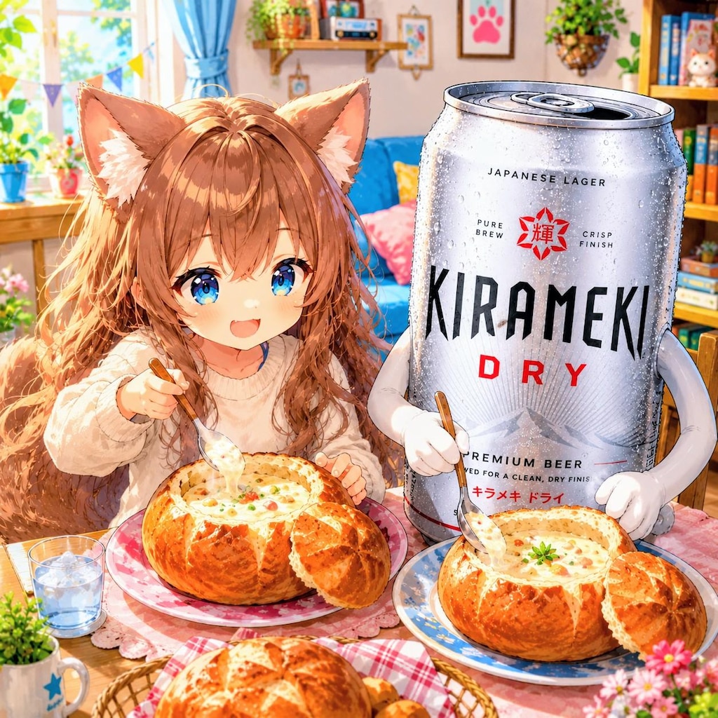 ブレッドボウルクラムチャウダーを食べる小さな女の子