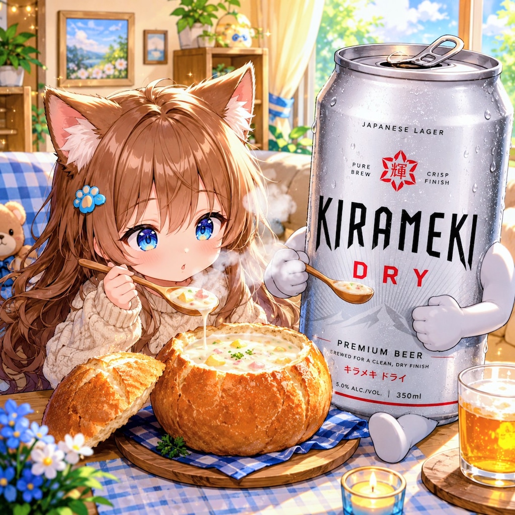 ブレッドボウルクラムチャウダーを食べる小さな女の子