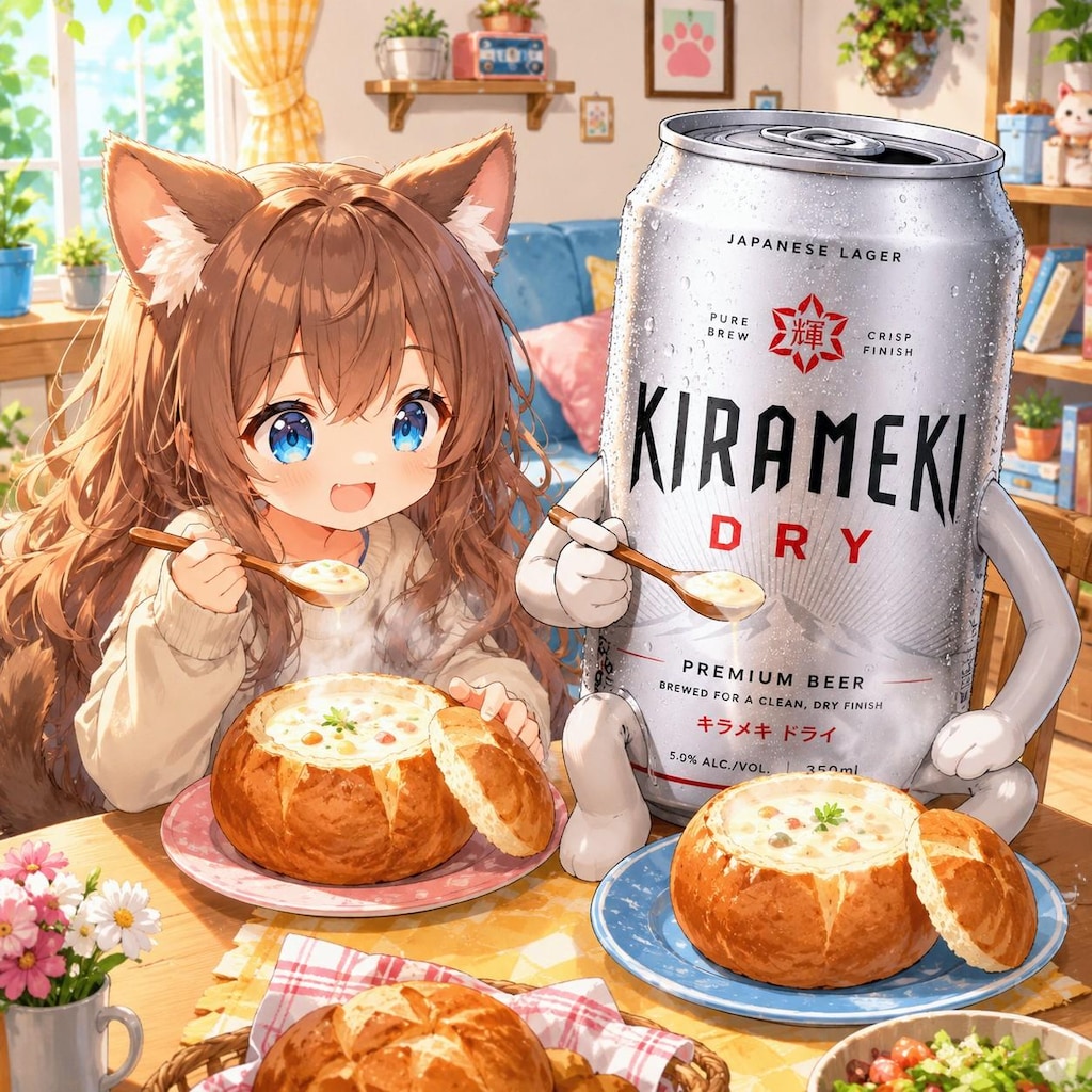 ブレッドボウルクラムチャウダーを食べる小さな女の子