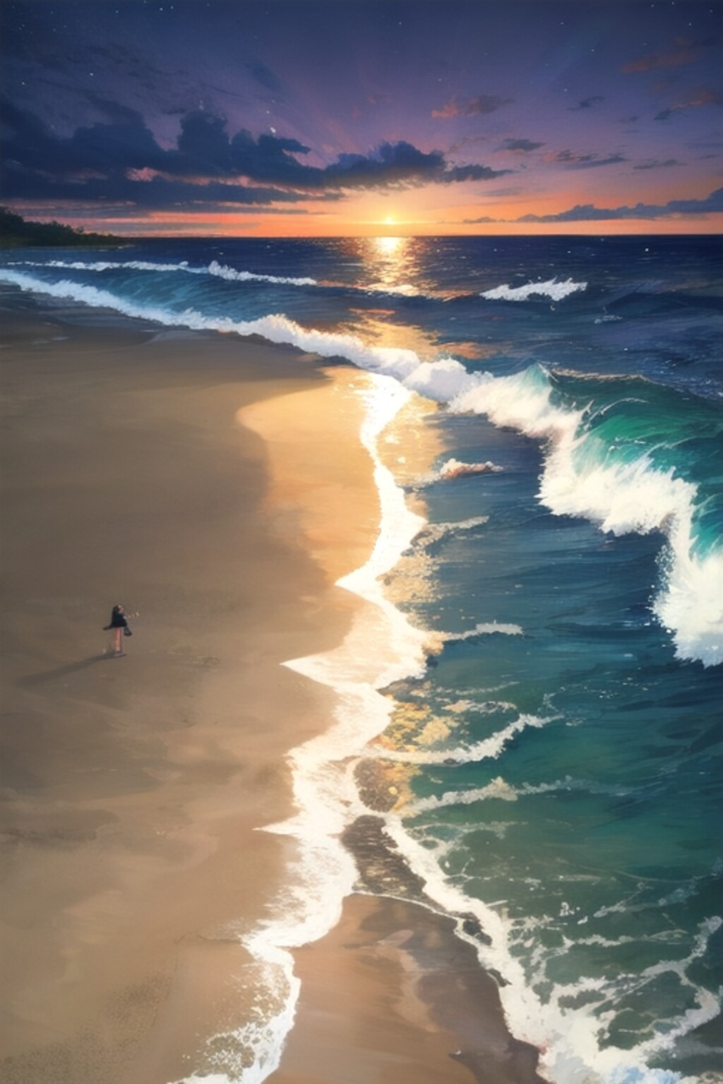 波が砕ける夜の海辺で